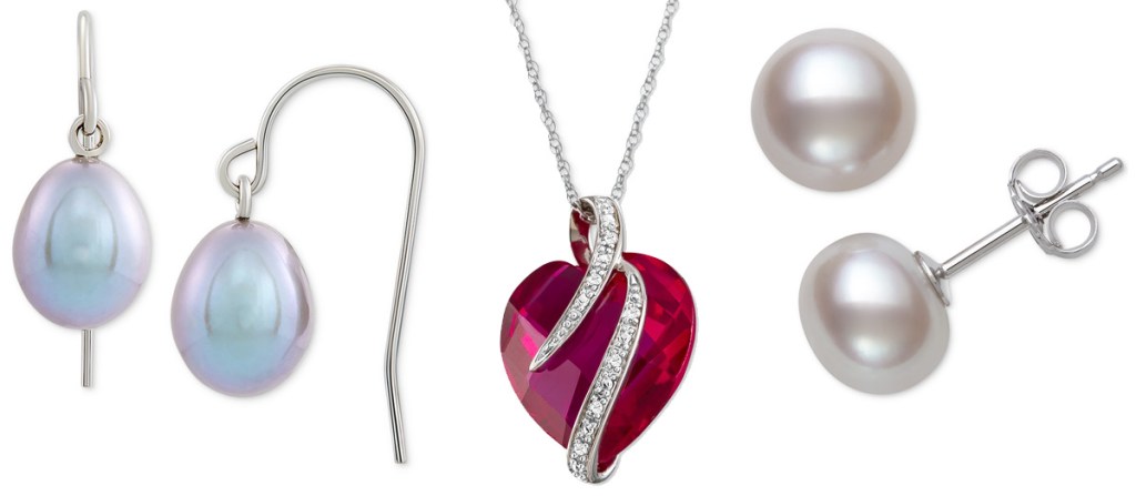 pair of grey pearl drop earrings, ruby heart necklace, and set of pearl stud earrings