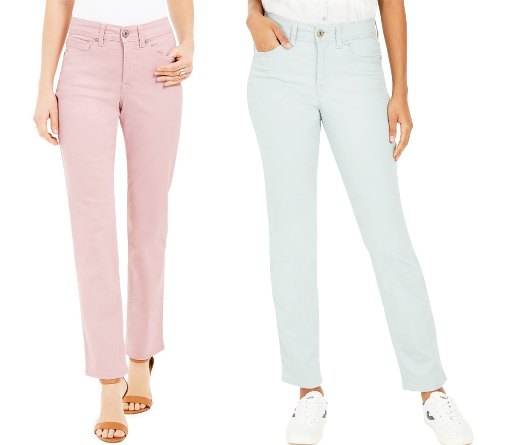 two women modeling skinny jeans in light pink and light blue colors