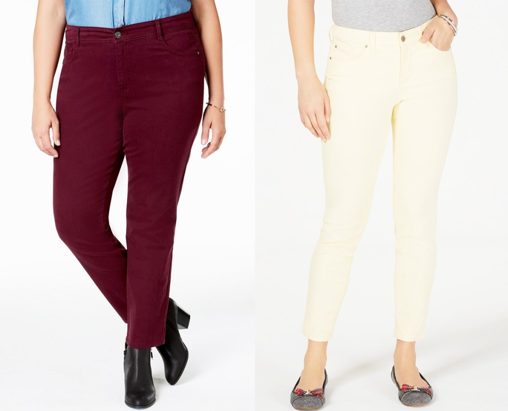 two women modeling skinny jeans in maroon and light yellow colors