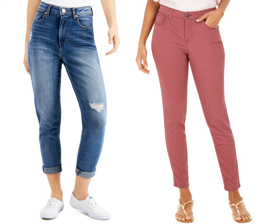 two women modeling jeans in distressed denim and dusty rose color