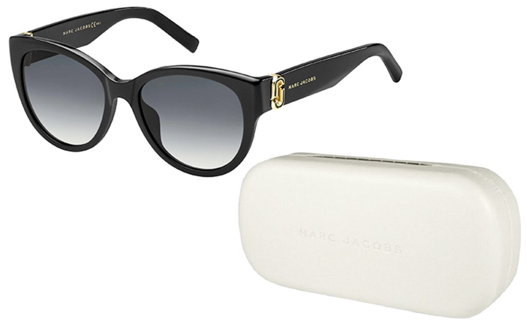 pair of black Marc Jacobs round cat eye sunglasses with white glasses case
