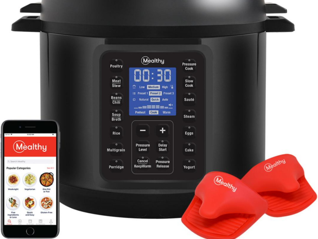 multipot pressurecooker with smart phone next to it and silicone hand mits