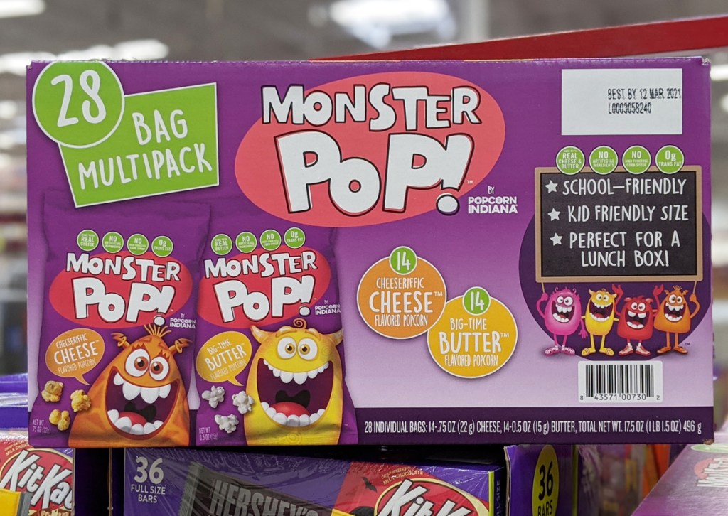 purple box of individual bags of monster pop popcorn