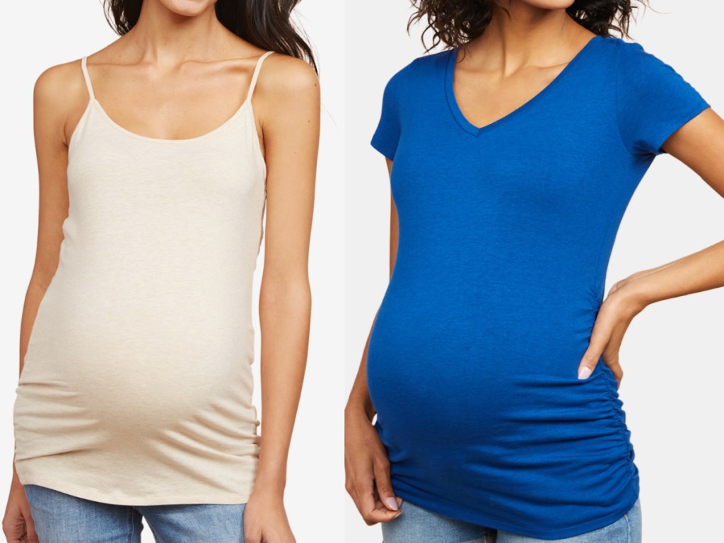 2 pregnant woman standing next to each other wearing a tank top and a t-shirt
