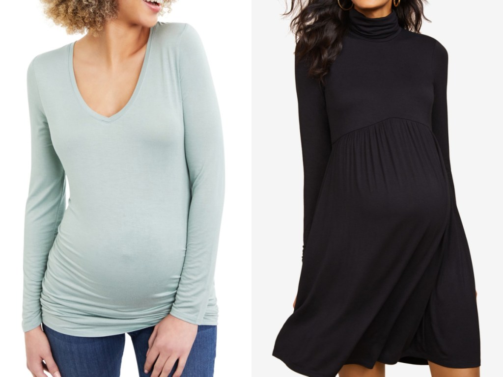 2 pregnant woman wearing a long sleeve top and a black long sleeve dress