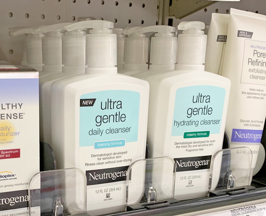 white bottles of neutrogena ultra gentle facial cleanser on store shelf