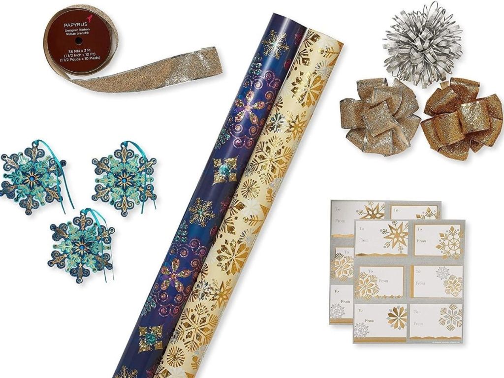 11-piece wrappingapper set with two rolls of wrapping paper, bowls, gift tags and snowflake decorations