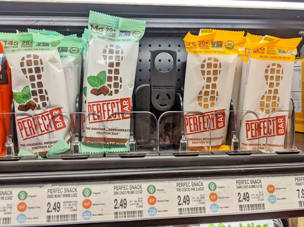 various flavors of individual Perfect Bars in refrigerated case at Target