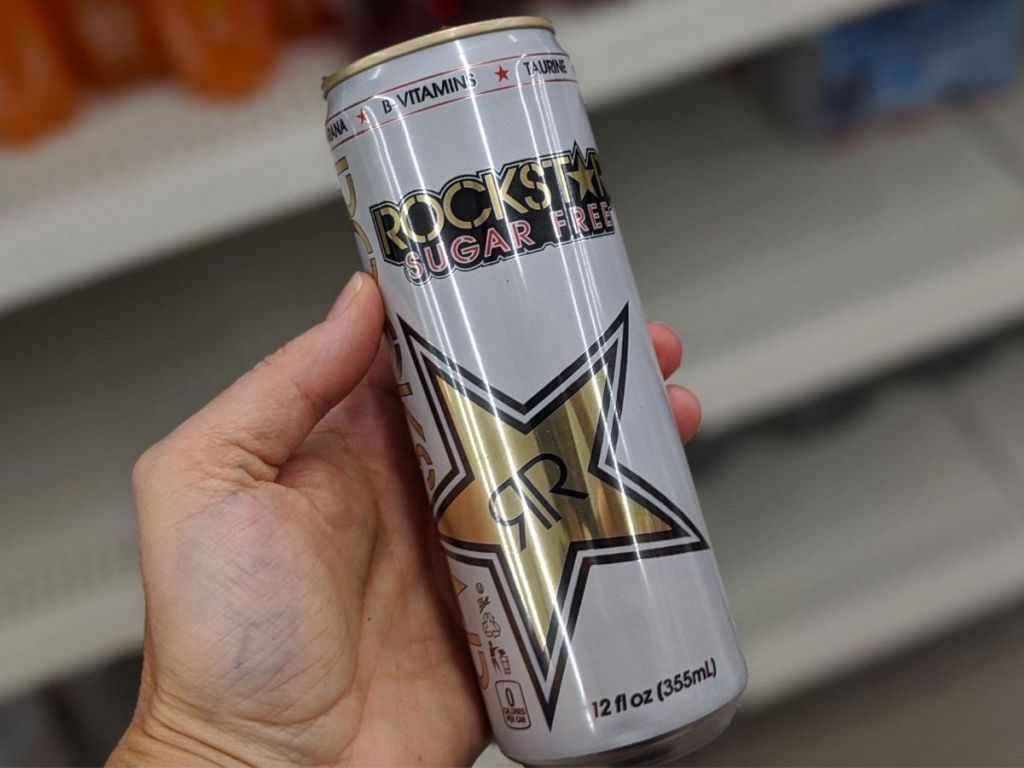rockstar sugar free energy drink in person's hand