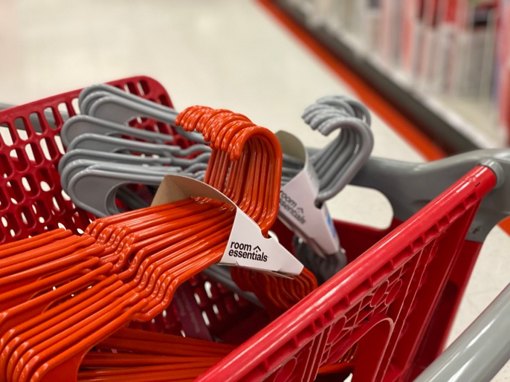 cart with room essential hangers in red and grey