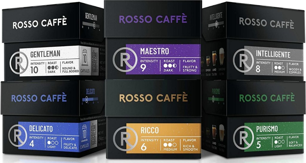 A variety pack of coffee pods in packaging