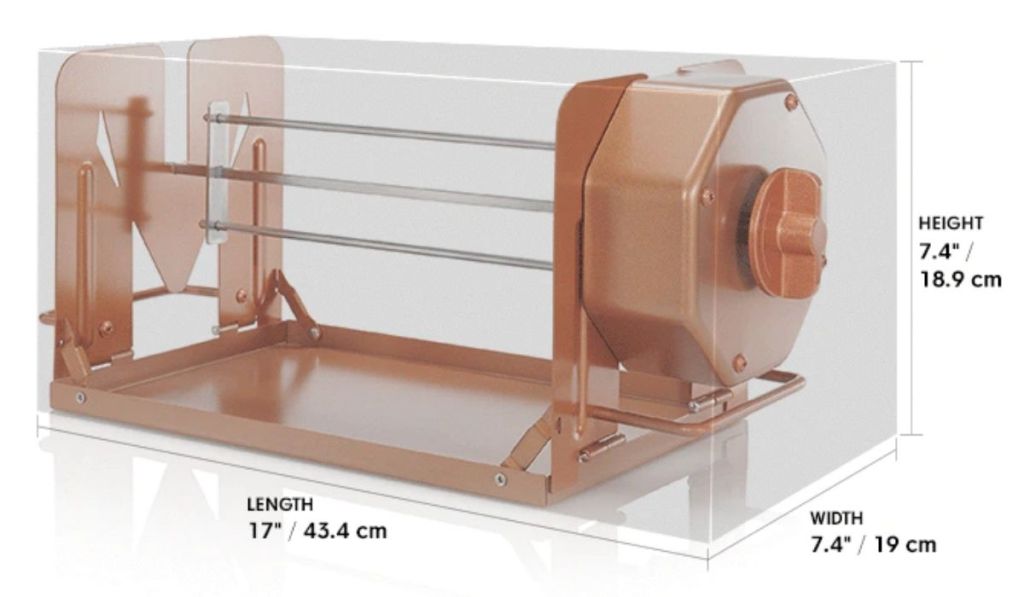 A rotisserie cooking machine with dimensions