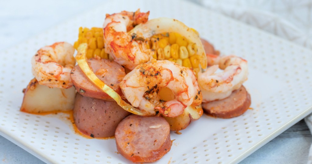 shrimp boil recipe shown on a plate 