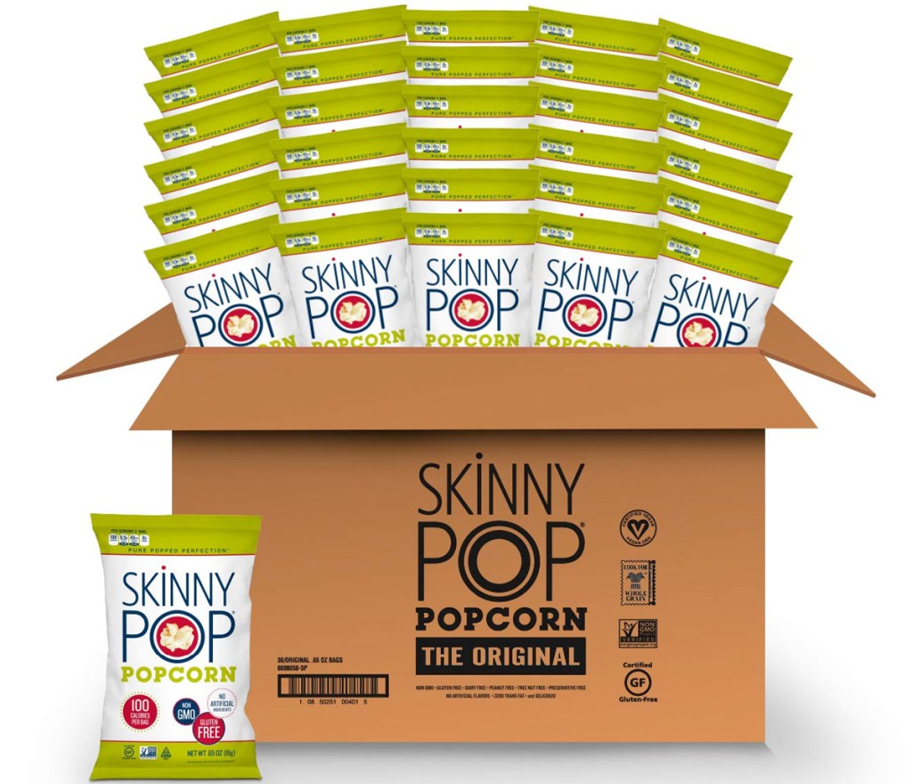 box with 30 small packs of skinnypop popcorn bags