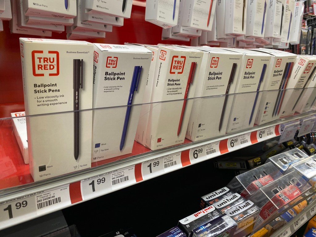 Staples ballpoint pens on shelf at store