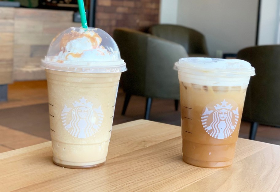 Starbucks Frappuccino and Iced Drink sitting on a wood table