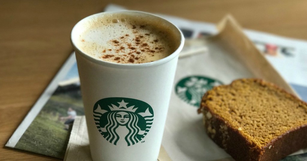 Starbucks pumpkin spice latte and bread