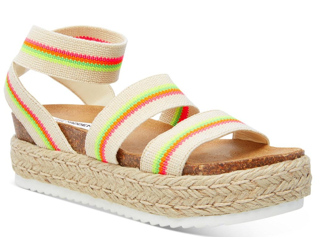 steve madden espadrille sandals in tan, bright yellow, and orange
