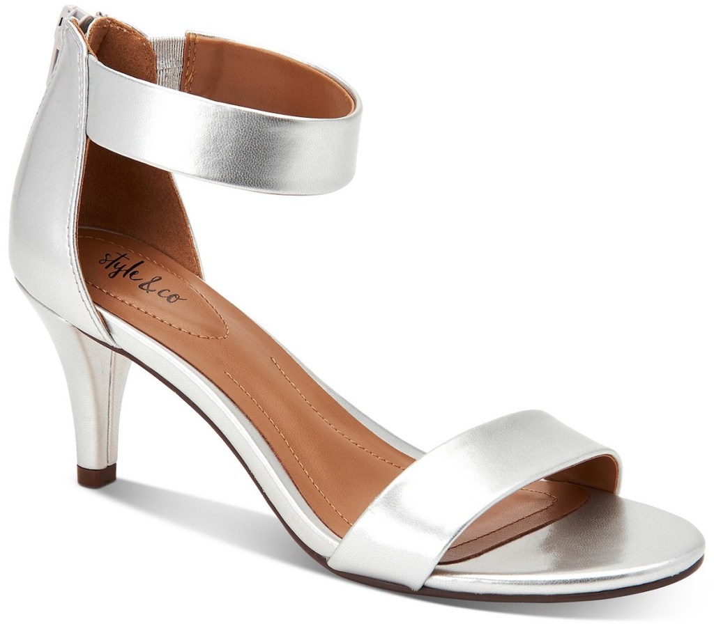 silver pair of Style & Co Paycee Two-Piece Dress Sandals