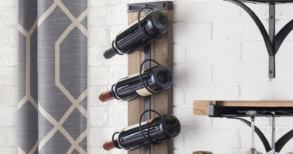 wine rack holder mounted on wall with bottles