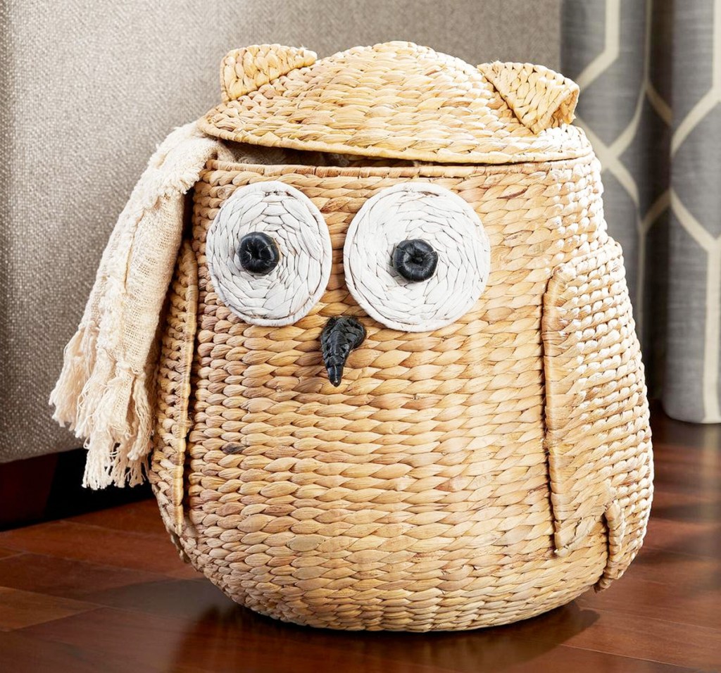 owl shaped storage basket with blanket coming out from the lid