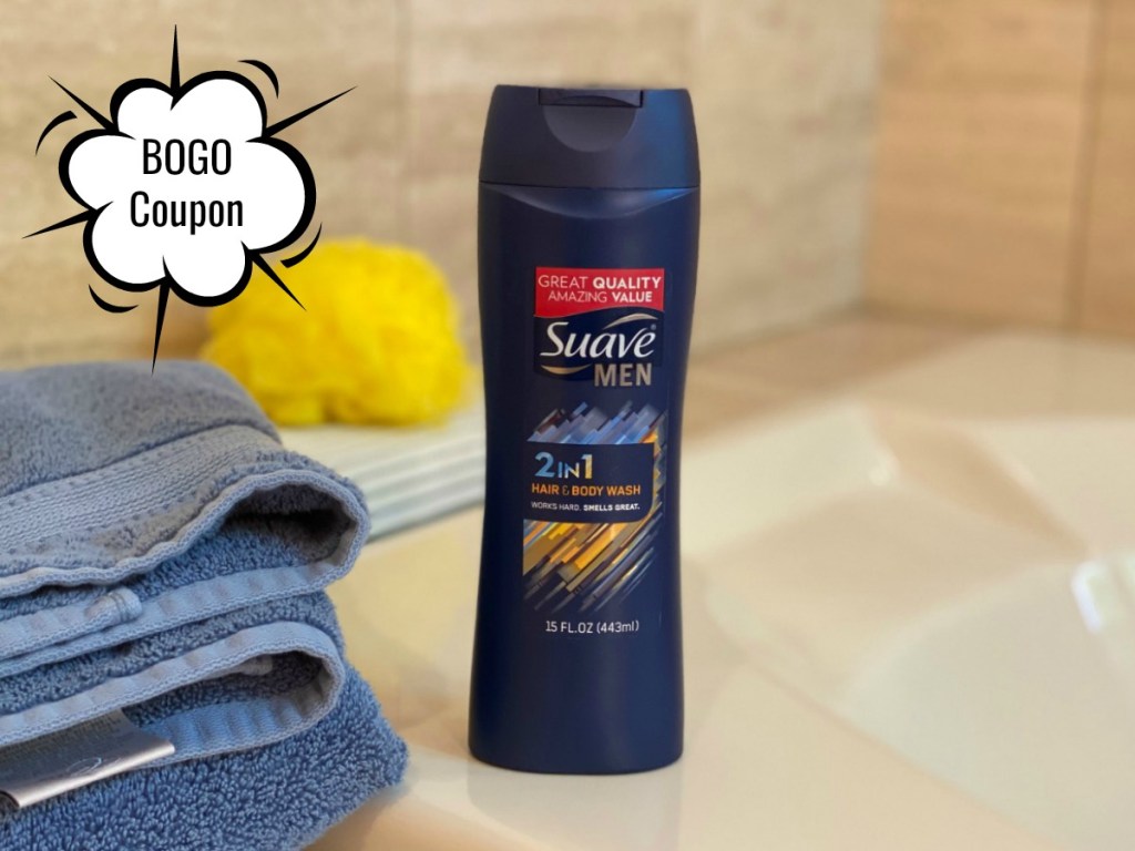 Suave Men's Body Wash on bathtub next to towel