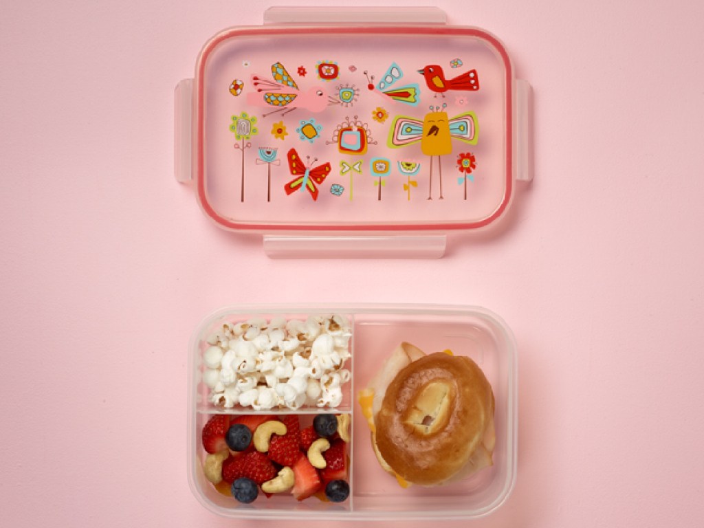 Sugarbooger Birds & Butterflies Bento Box open with food in the compartments
