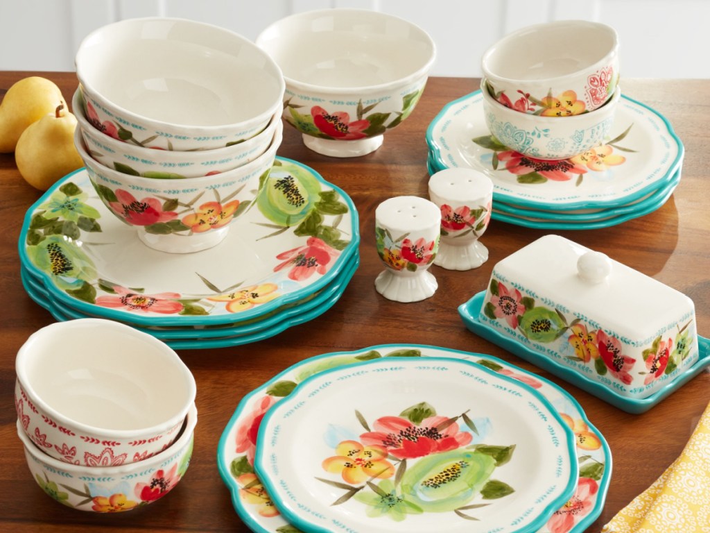 floral design dinnerware set on kitchen counter