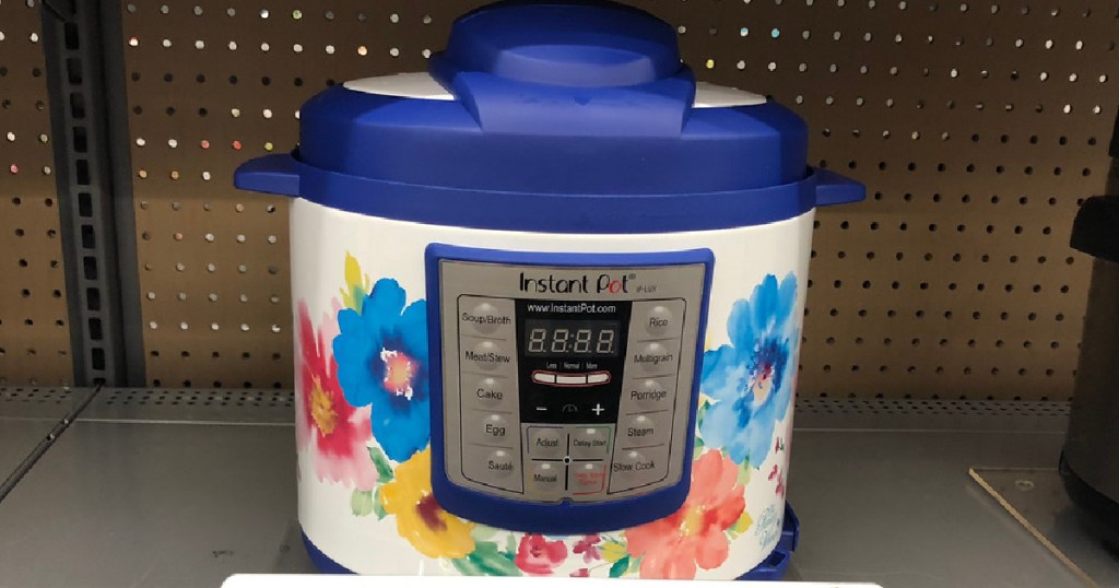blue floral instant pot on store shelf