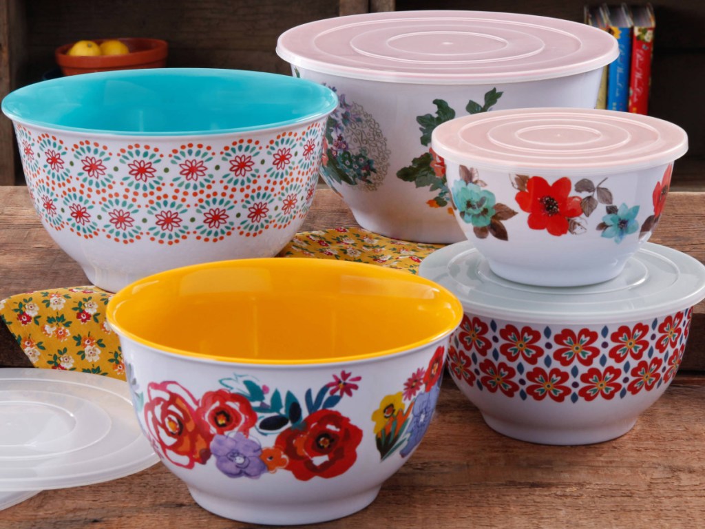 five floral design mixing bowls on kitchen counter