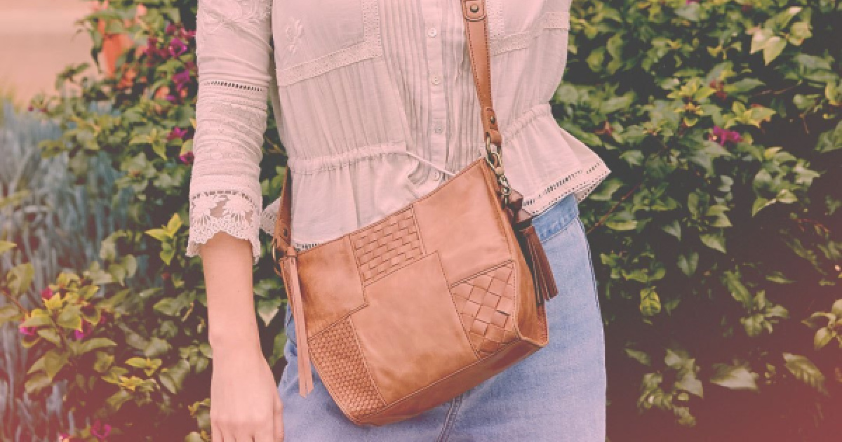 woman wearing brown Woven Patch Silversnake City Leather Crossbody Bag