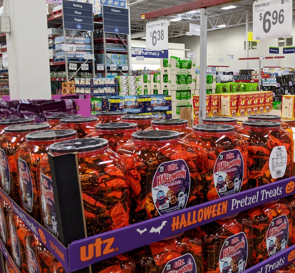 containers of halloween shaped pretzels in cardboard displays