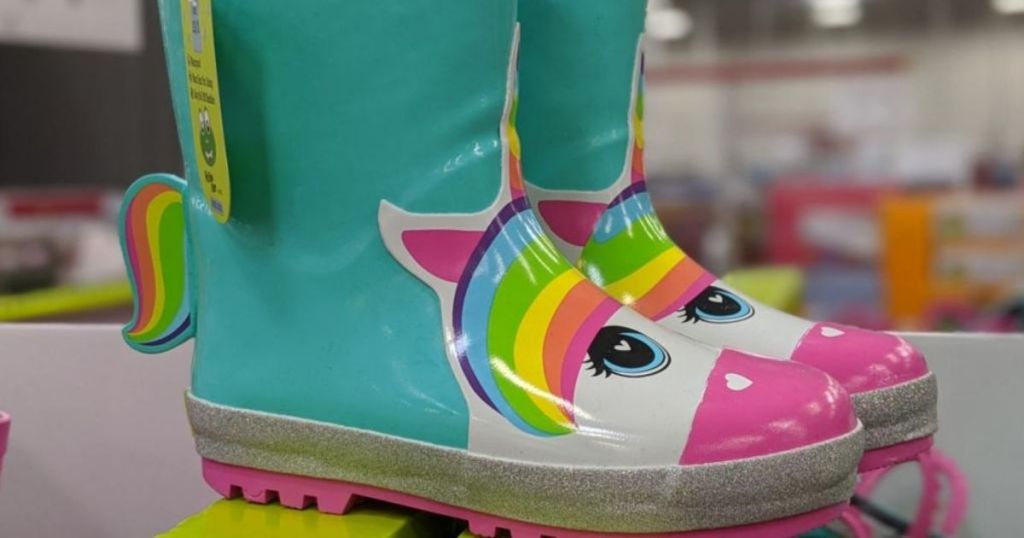 kids rain boots shaped like unicorns