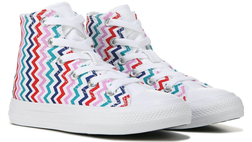 kids pink, white, blue, and red chevron patterned high top sneakers