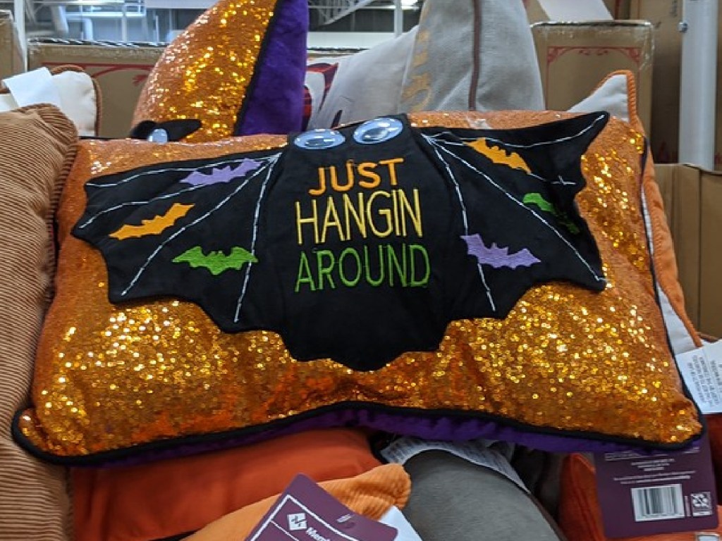 pillow in store with a large bat character on it