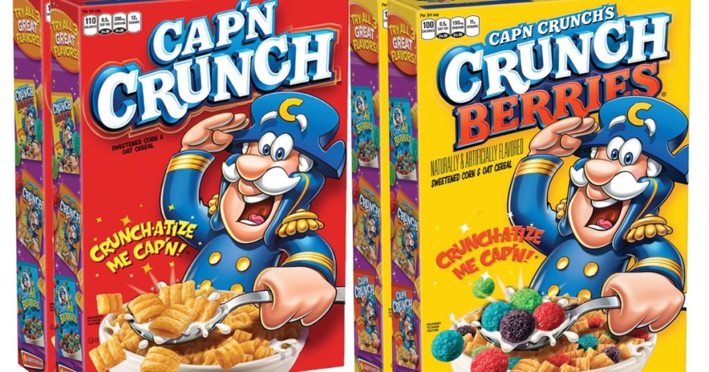 four boxes of Cap'n Crunch Cereals. Two boxes each of two different flavors