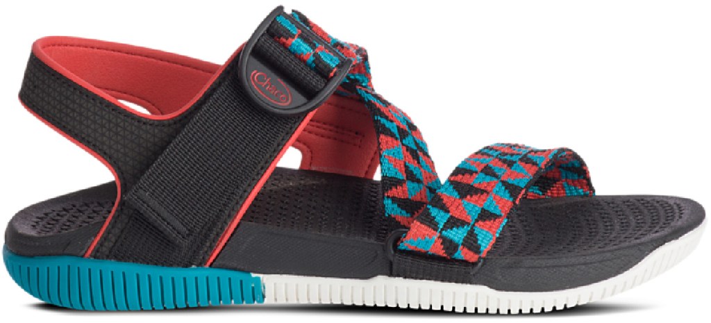 red black and teal chaco sandals