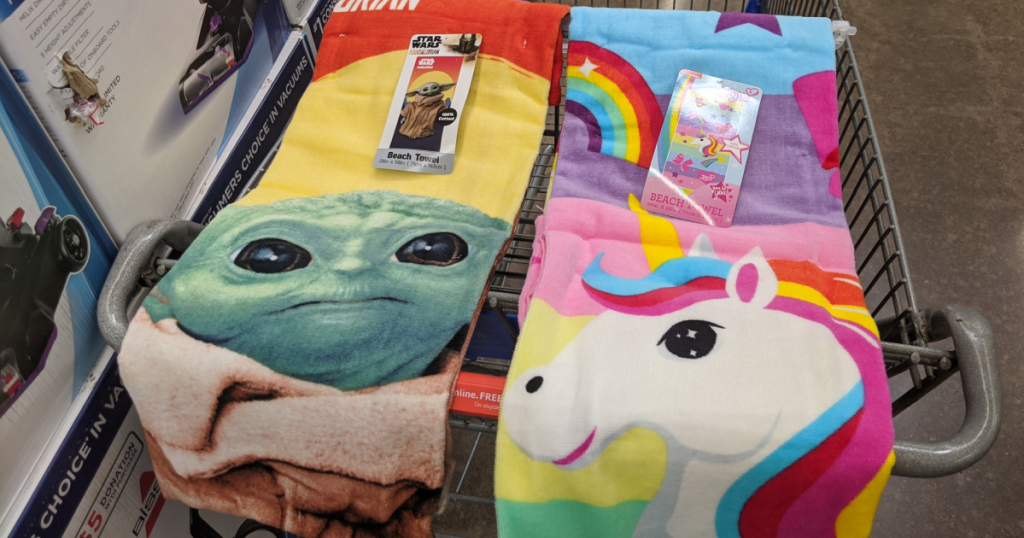2 towels with characters on them for kids sitting on grocery cart