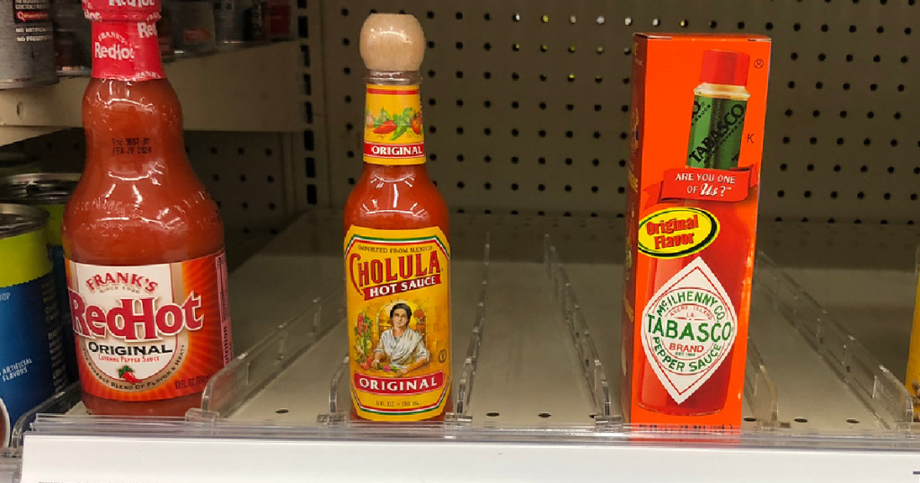hot sauce sitting on store shelf