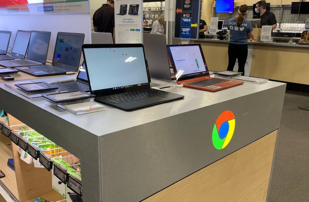 chromebook laptops on display in store