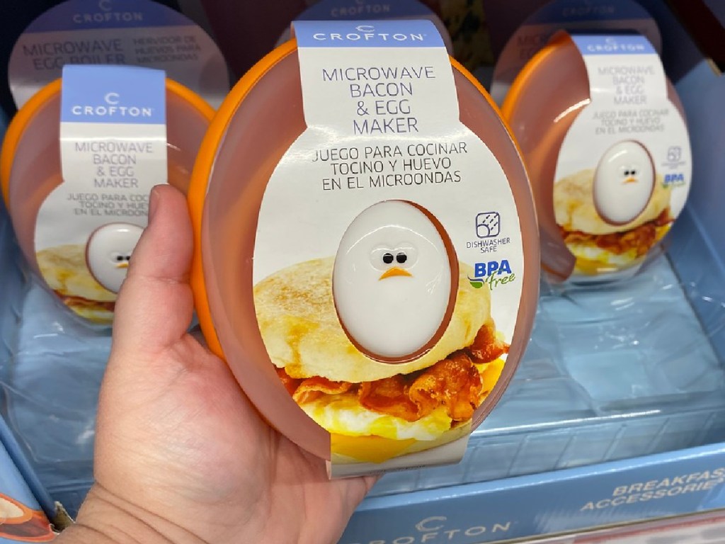 hand holding microwaveable bowl for eggs and bacon in store