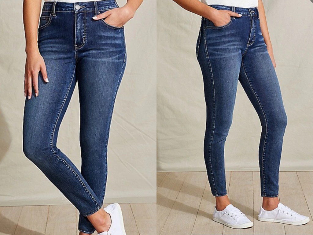 front and side view of women wearing jeans