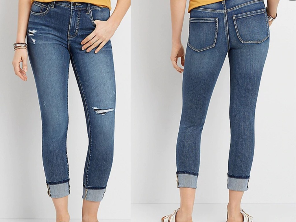 front and back view of woman wearing ankle jeans