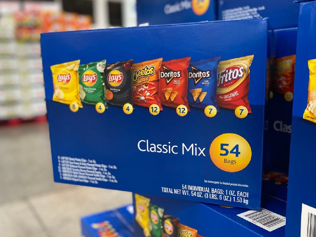 large box of snack size chips on store display
