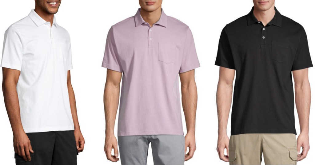 3 men wear polo shirts in different colors against a white background
