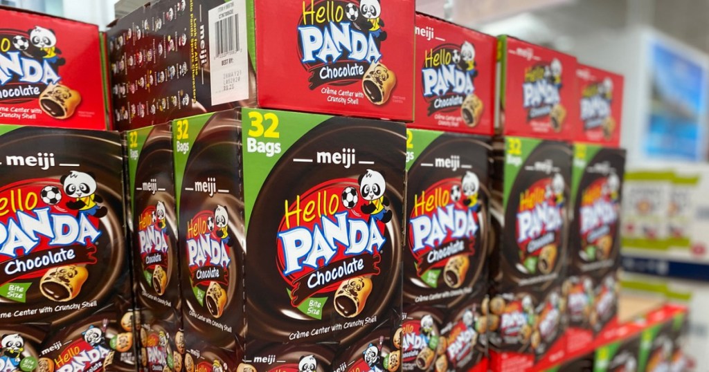 store shelf with boxes of kids snacks with Panda's on them