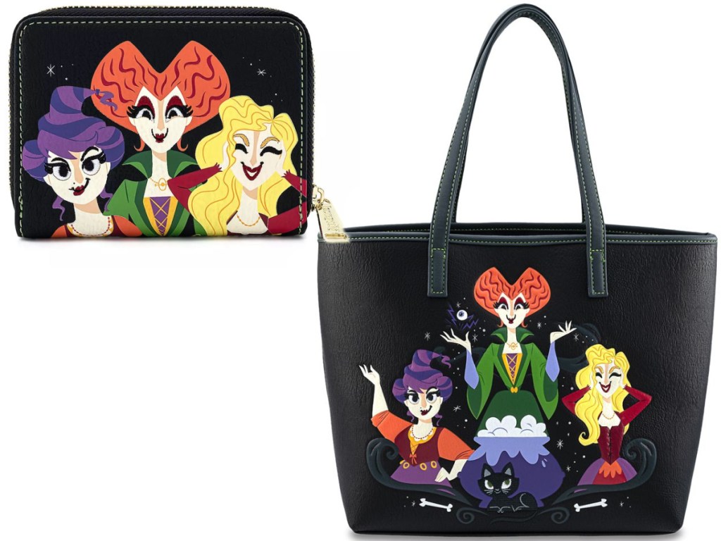 tote bag sitting next to wallet in black and cartoon characters