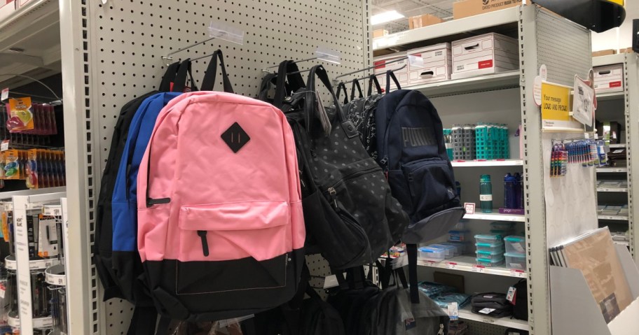 shelf with office depot backpacks