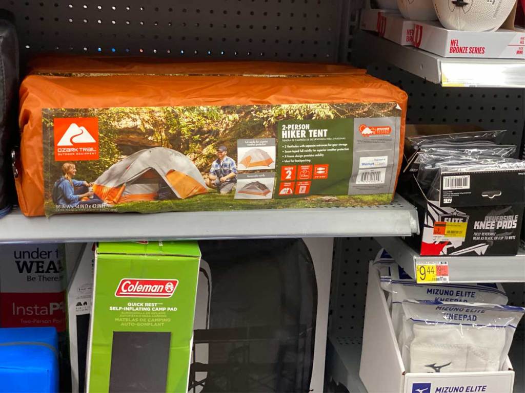 two person hiker tent on shelf in store
