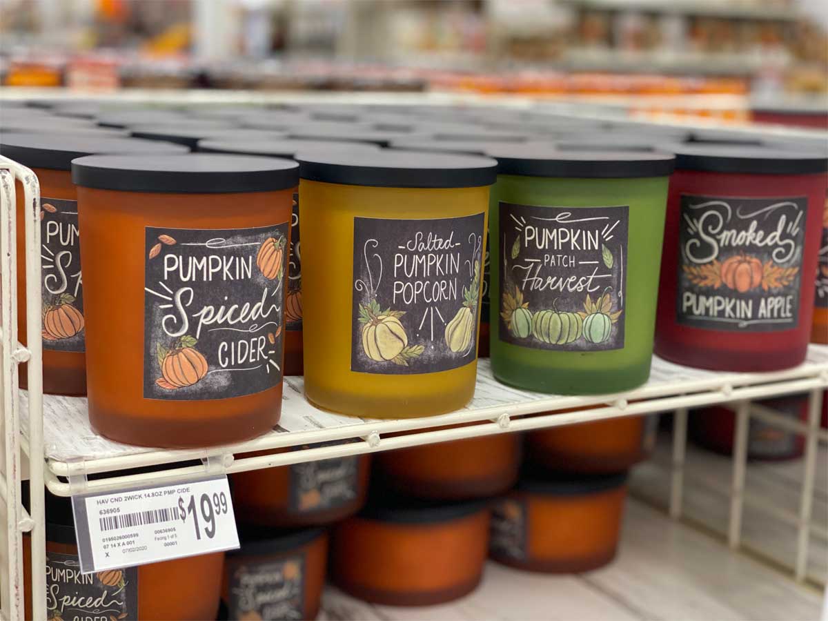fall scented candles on display in store